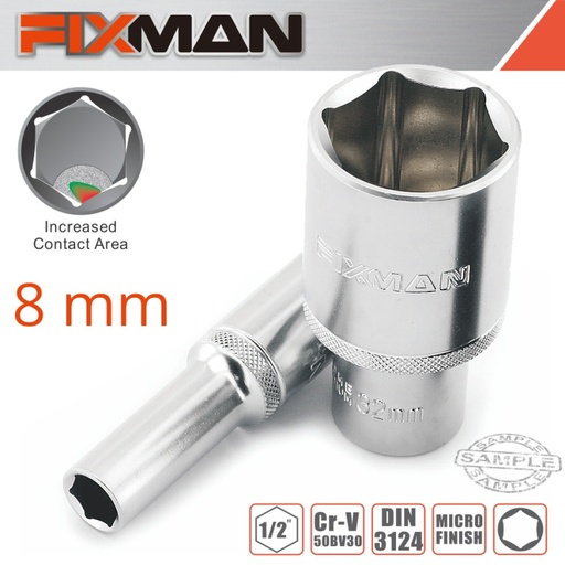 [H0601M] Fixman 1/2" Drive Deep Socket, 08mm, 6 point